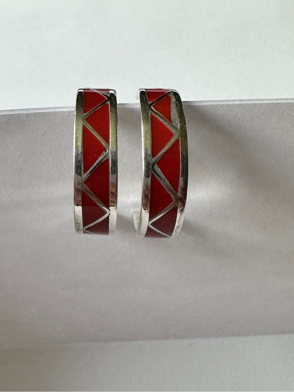 Vintage Signed Pete Morgan Red Coral Geometric Sterling Half Hoop Earrings